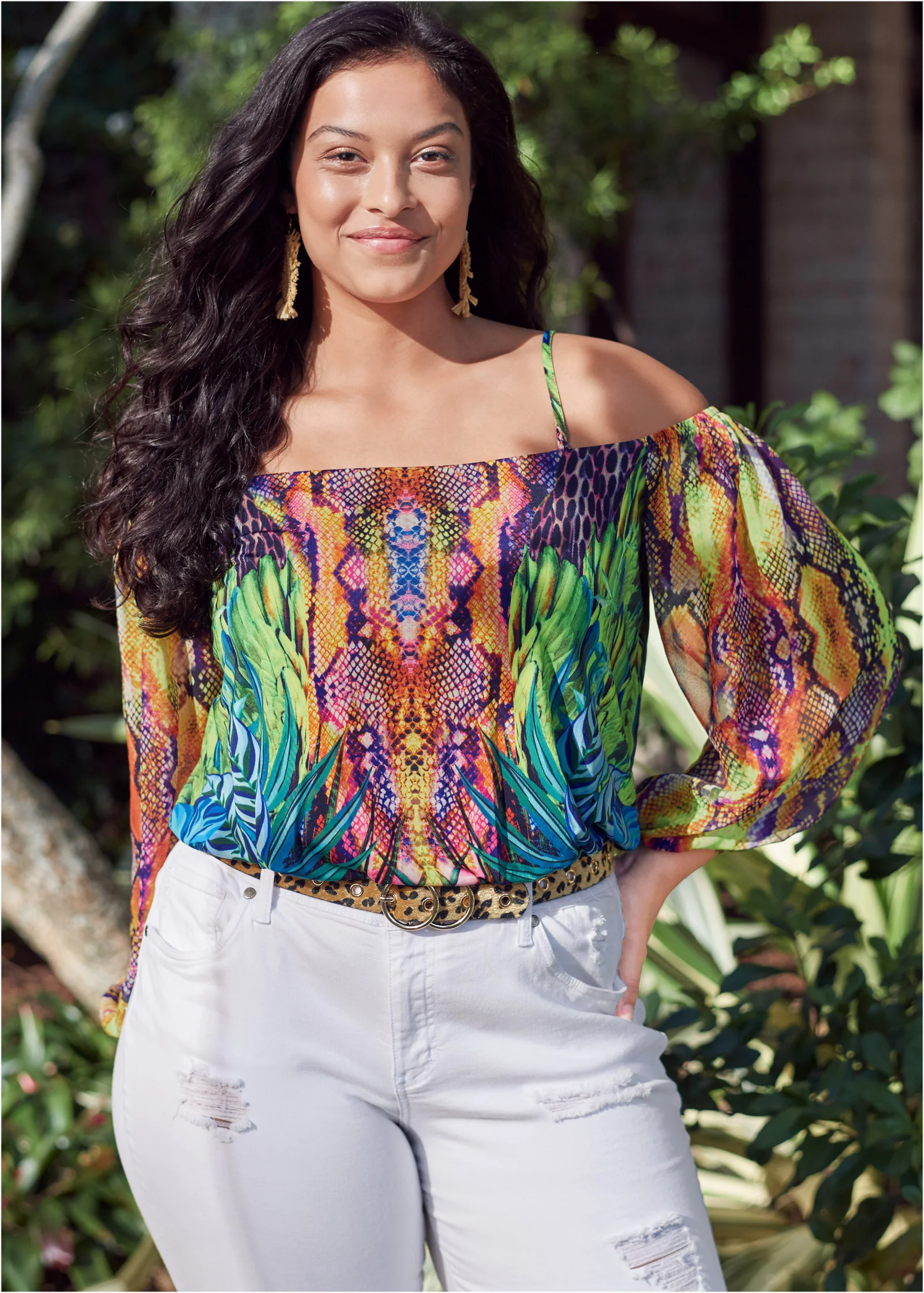 Printed cold-shoulder top - Teal Multi