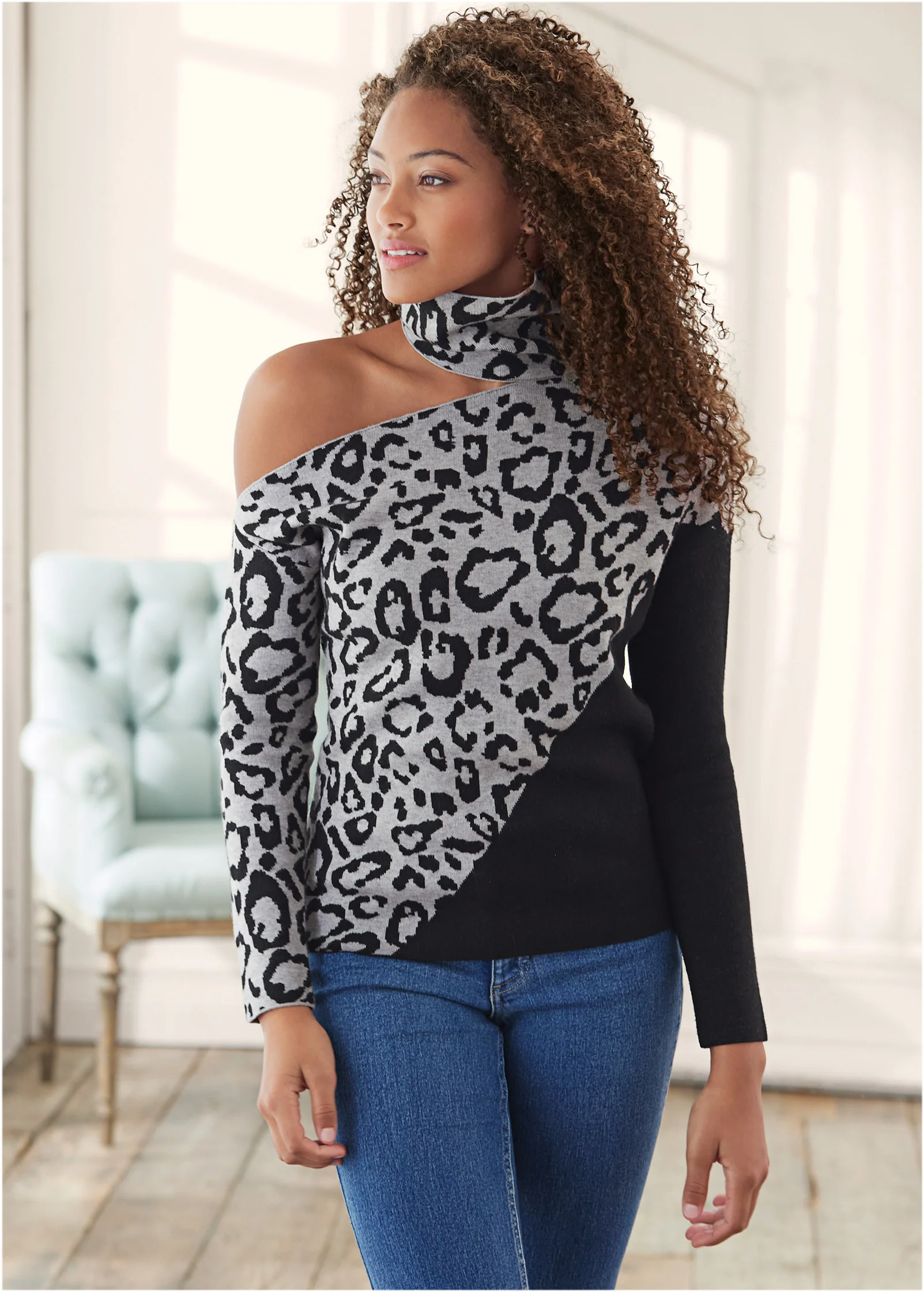 Leoprd print one shoulder sweater - Grey & Black