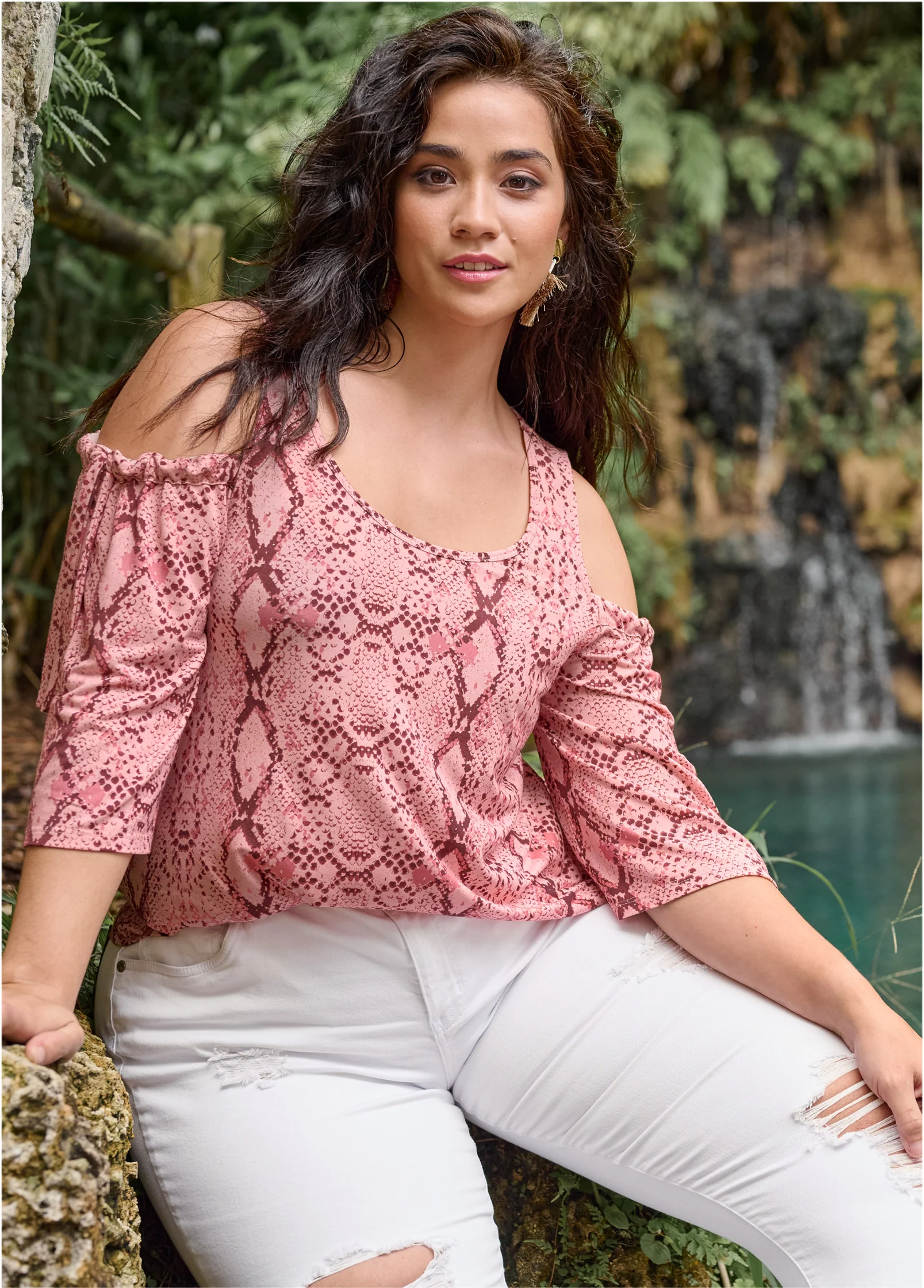 Paradise python cold-shoulder top - Pink Multi