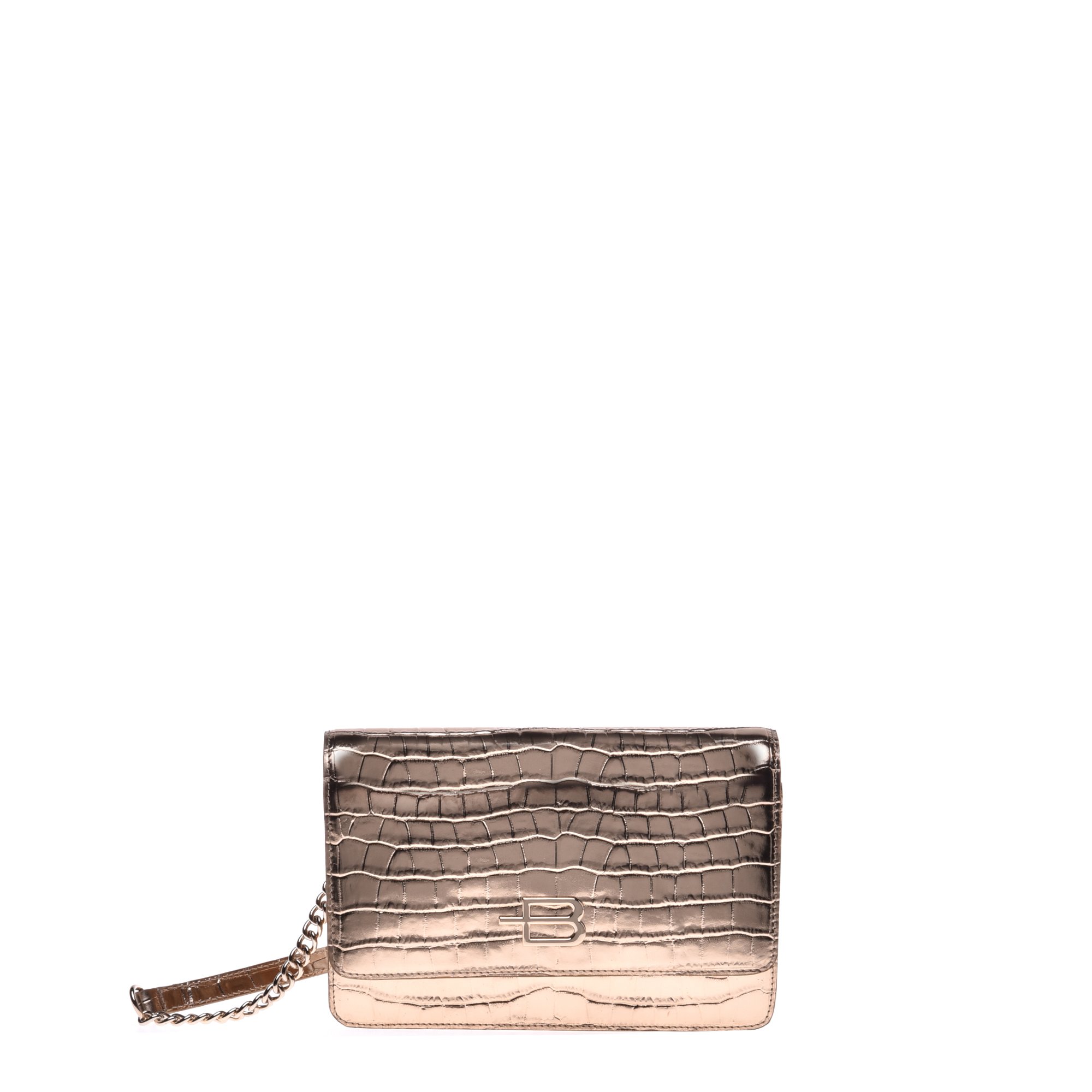 WALLET WITH CROSSBODY STRAP IN GOLD LAMINATED LEATHER WITH A CROCODILE PRINT