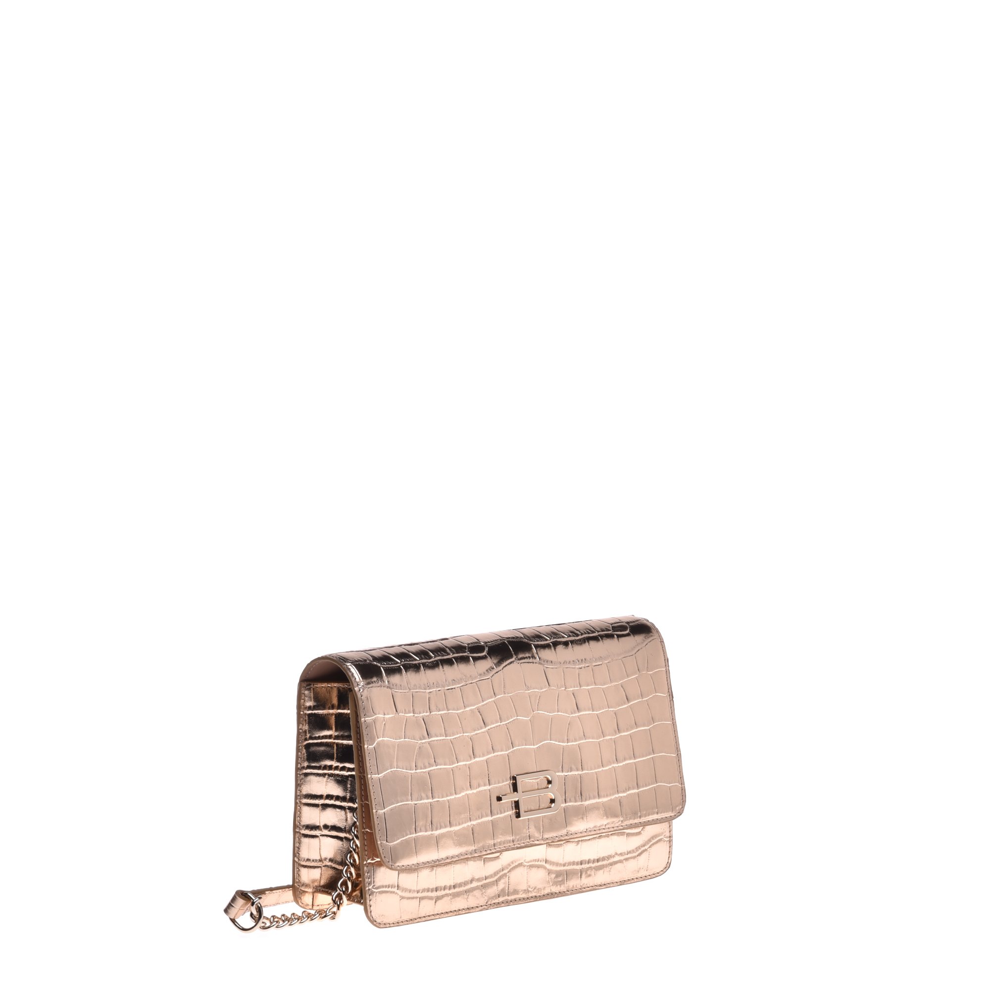 WALLET WITH CROSSBODY STRAP IN GOLD LAMINATED LEATHER WITH A CROCODILE PRINT