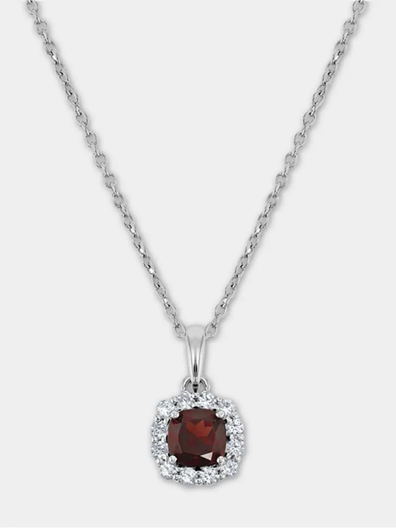 Sterling Silver Diamond & Garnet Cushion Halo Pendant