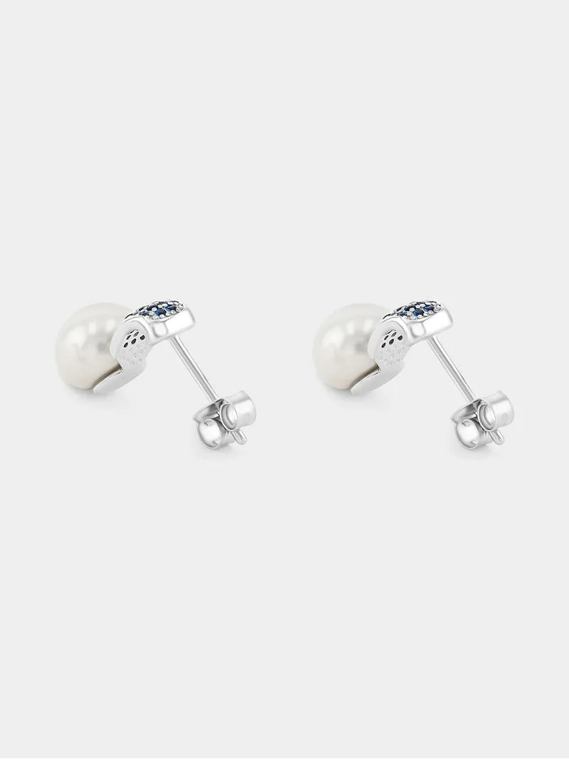 Sterling Silver Blue Cubic Zirconia Freshwater Pearl Stud Earrings