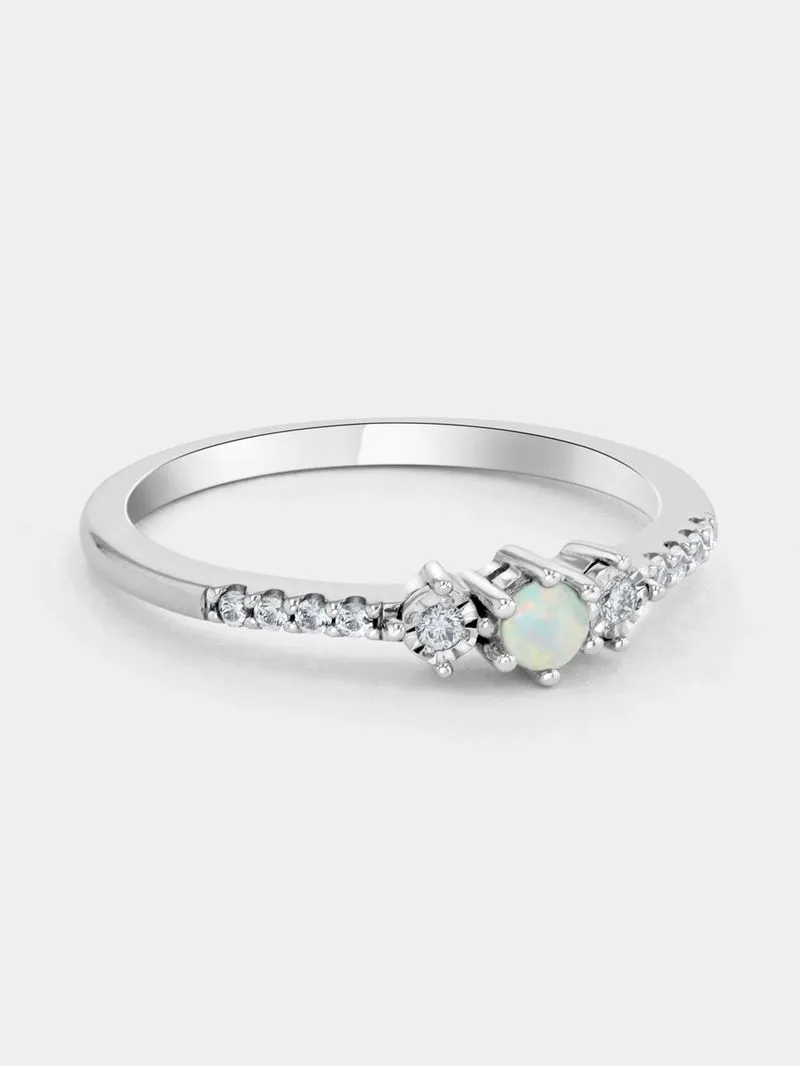 Sterling Silver Diamond & Created Opal Yesterday, Today & Forever Ring