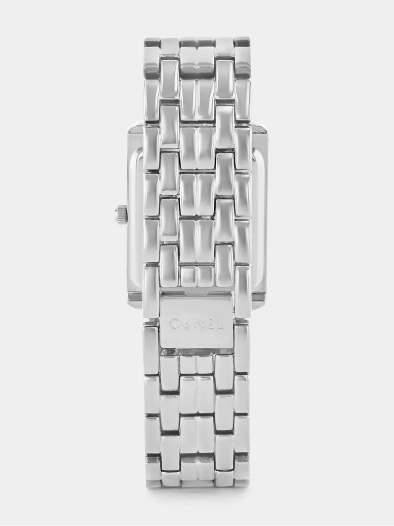 Tempo Timepiece Collection Silver Plated Black Dial Rectangle Bracelet Watch