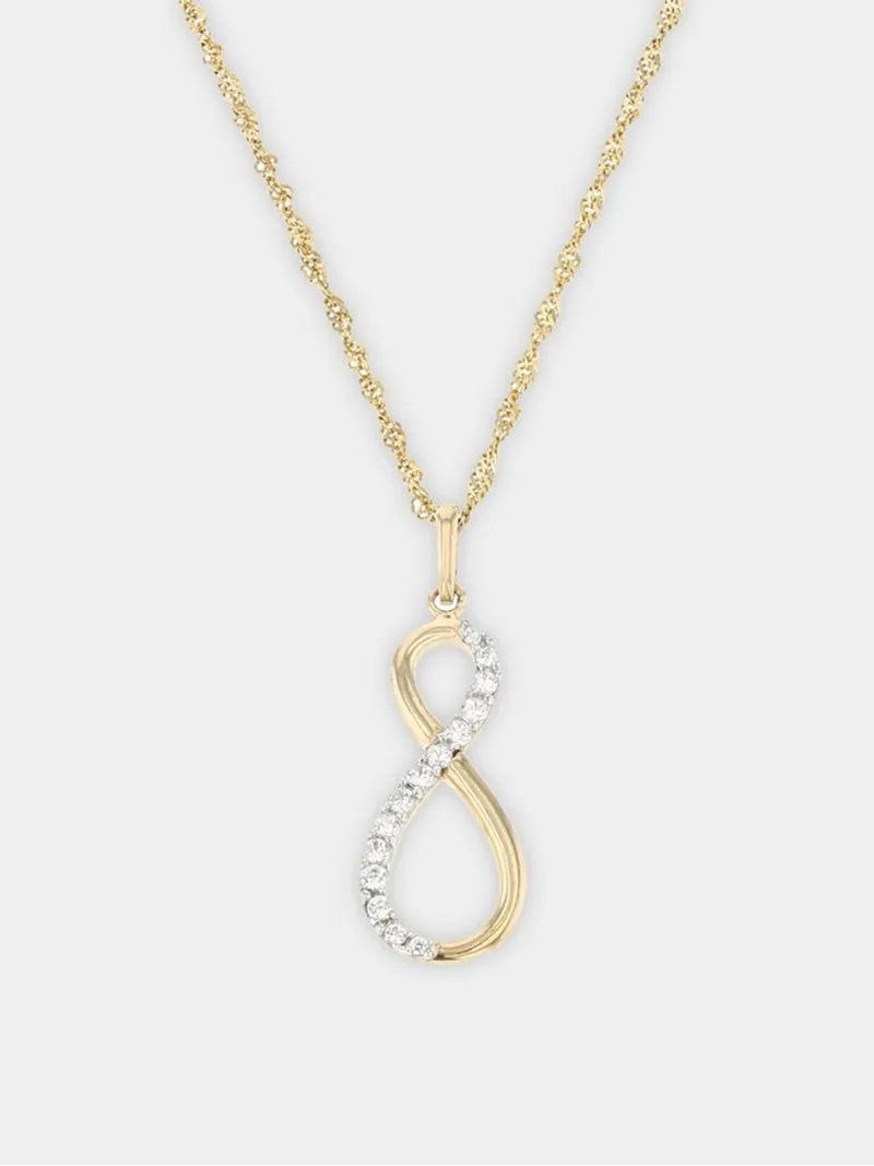 Yellow Gold, Cubic Zirconia Infinity Symbol Pendant on a Yellow Gold & Sterling Silver Chain