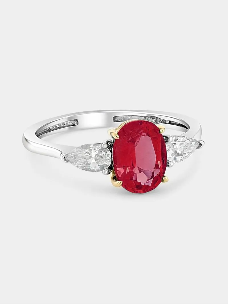 White & Yellow Gold Lab Grown Ruby & Moissanite Women’s Oval Trilogy Ring