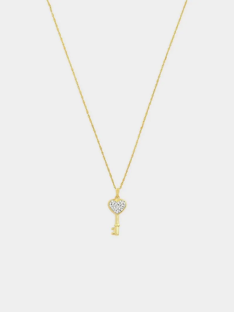 Yellow Gold Crystal Heart Key Pendant on Chain
