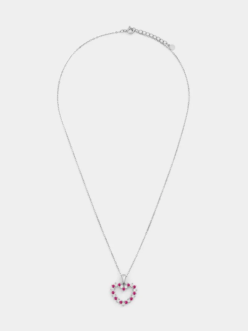 Sterling Silver Pink & White Cubic Zirconia Open Heart Pendant