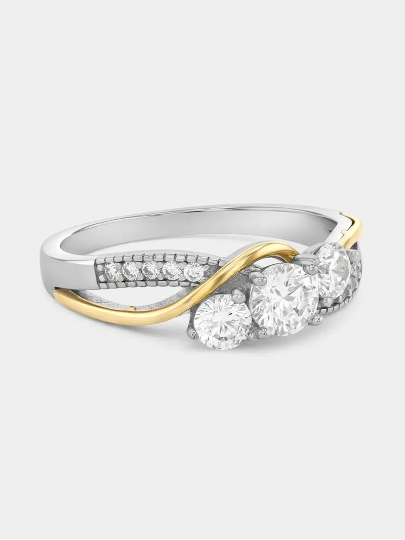 Yellow Gold & Sterling Silver Cubic Zirconia Wave Trilogy Ring