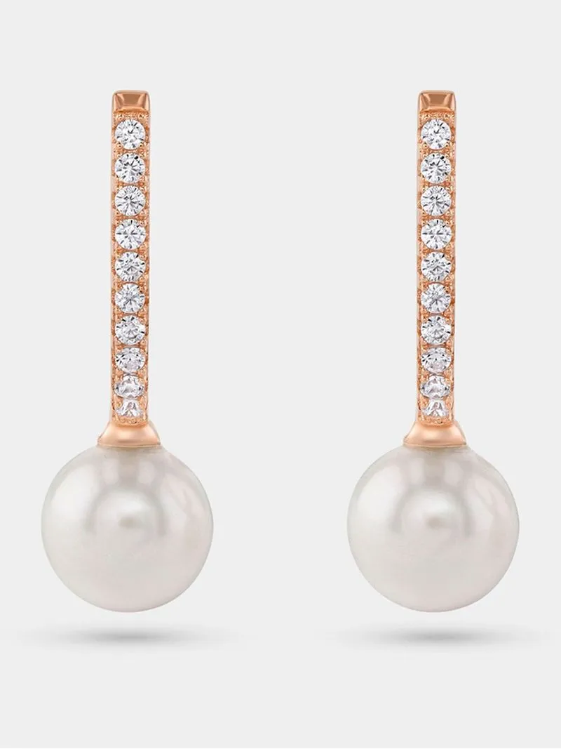 Rose Gold Plated Pearl Women’s Pavé Half Hoop Drop Earrings