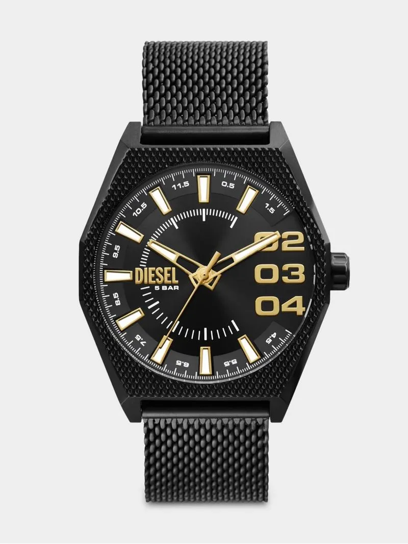 Diesel Scraper Black Plated Stainless Steel Mesh Watch