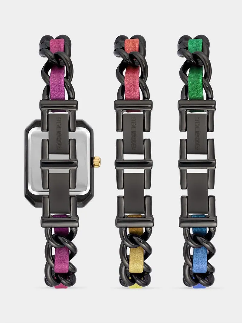 Steve Madden Women's Black Plated Bracelet Chain Watch & Black Chain Vegan Lth Bracelet Set
