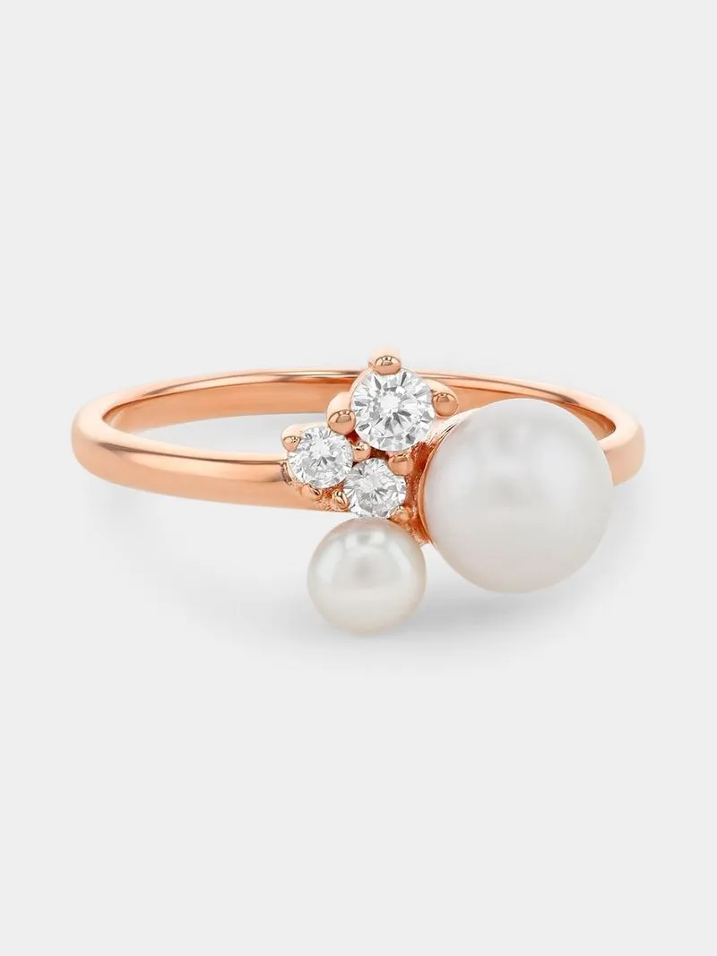 Rose Gold Plated Sterling Silver Shell Pearl & Cubic Zirconia Ring