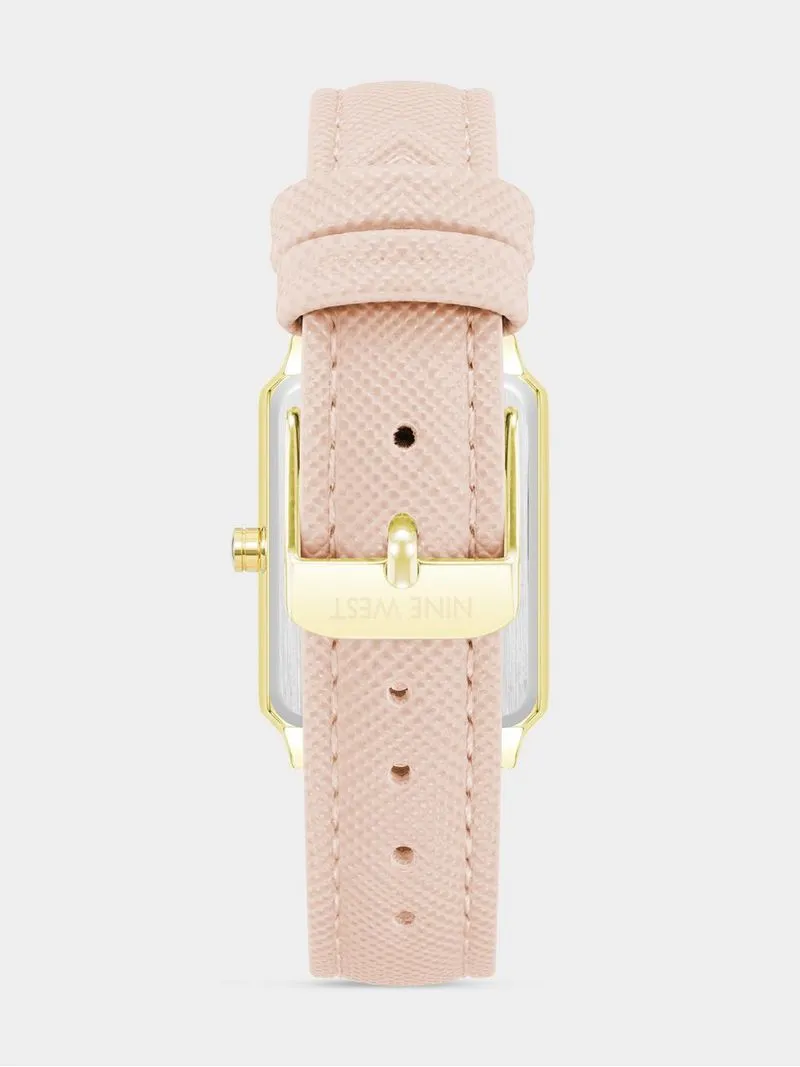 Nine West Women's Gold Plated & Pink Rectangular Vegan Leather Watch