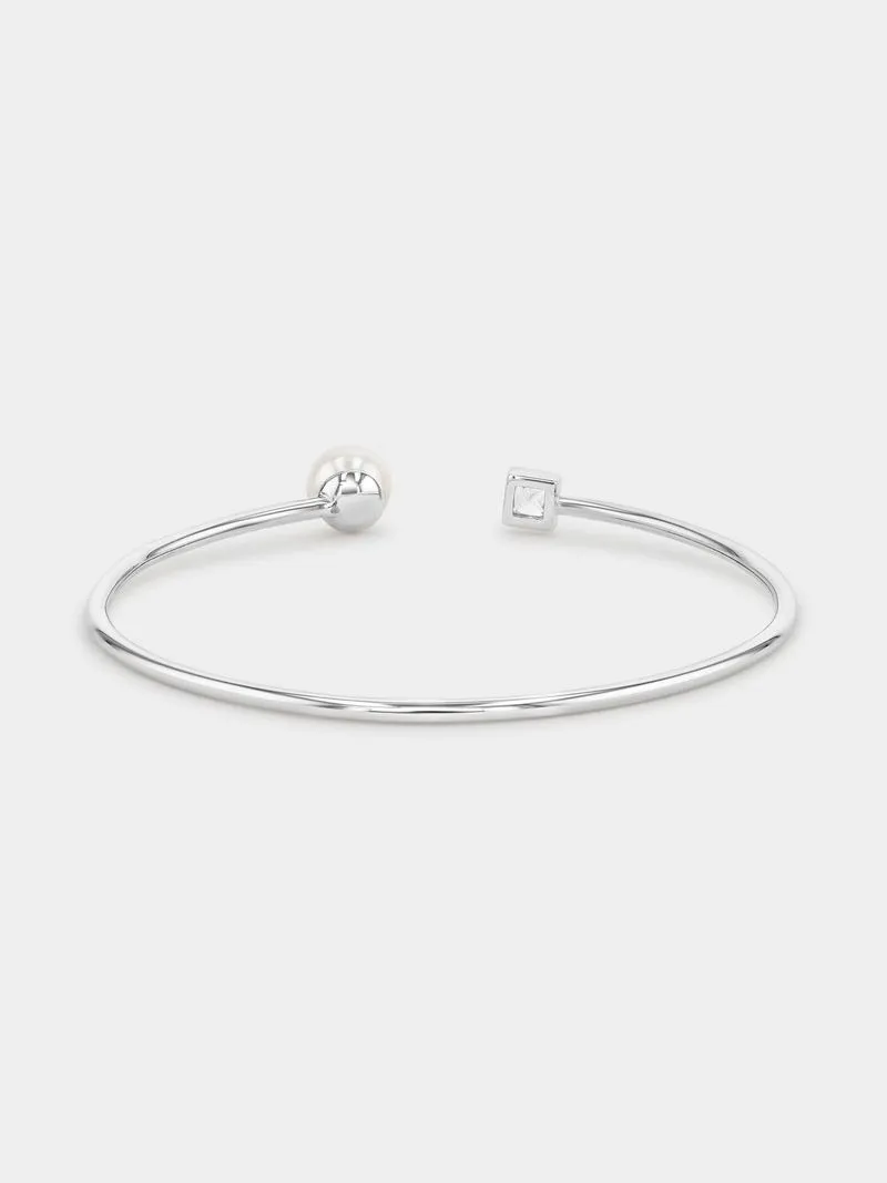 Sterling Silver Freshwater Pearl & Cubic Zirconia Open Bangle