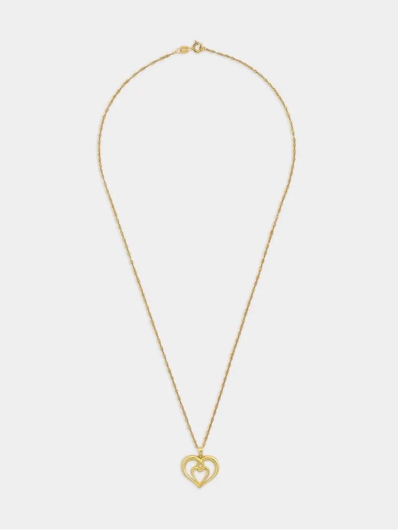 Yellow Gold Double Heart Pendant on Sterling Silver & Gold Bonded Chain