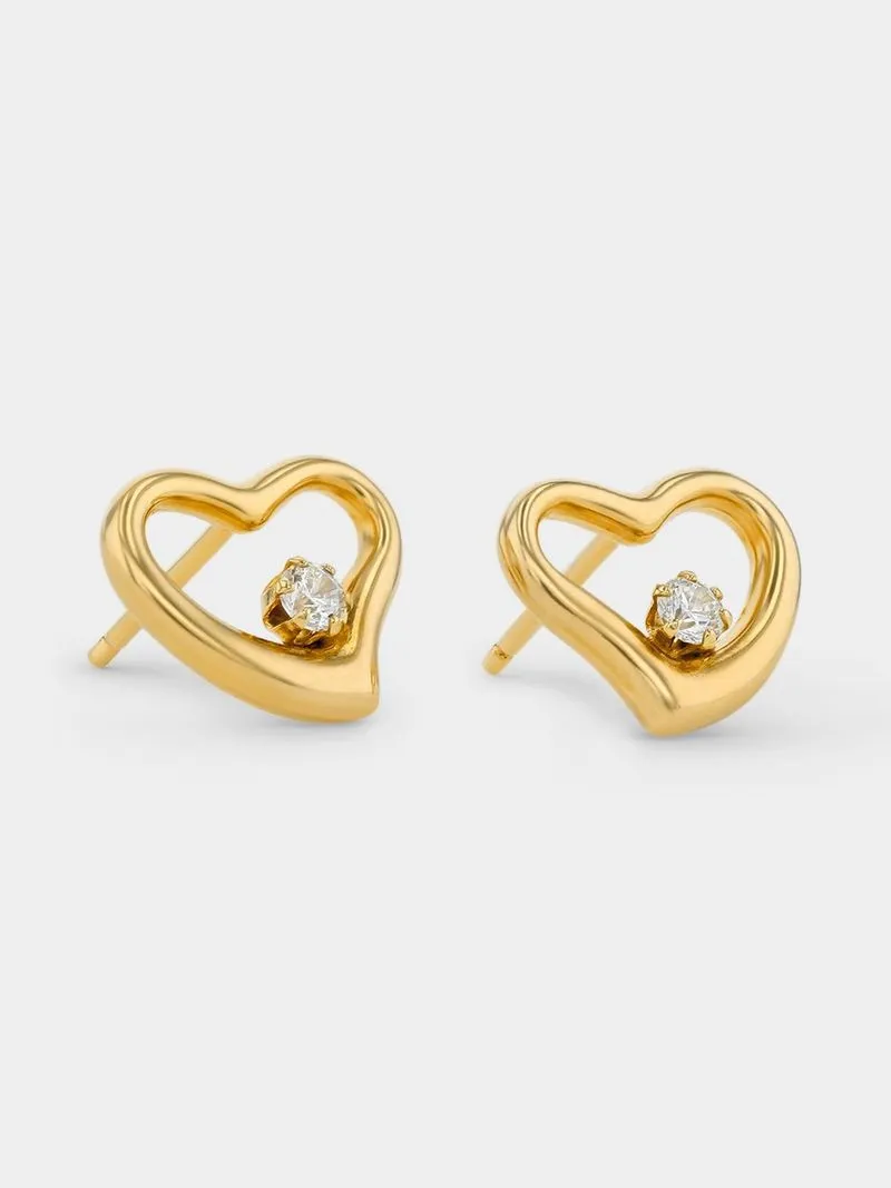 Yellow Gold & Sterling Silver Cubic Zirconia Heart Stud Earrings