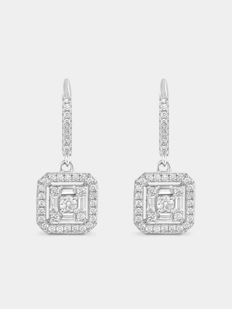 Sterling Silver Cubic Zirconia Baguette Square Halo Drop Earrings