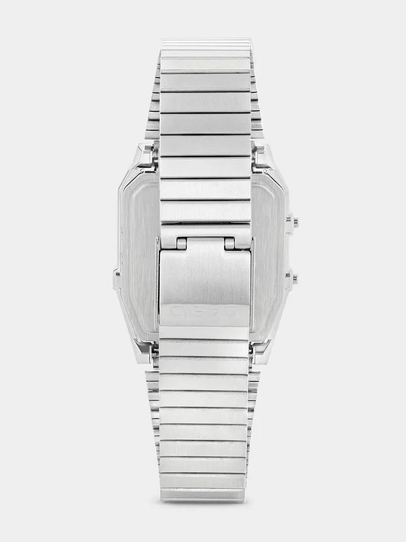 Casio Chrome Plated Rectangle Black Ana Digi Bracelet Watch