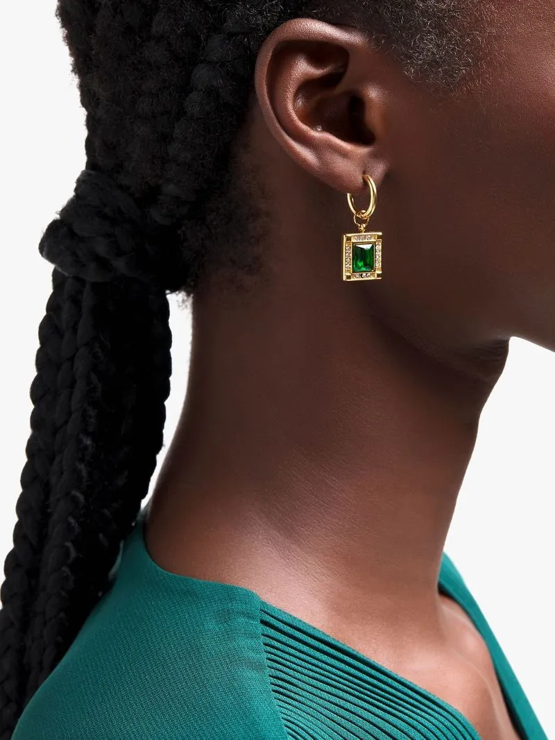 Gold Tone Stainless Steel Removable Square Green Accent Charm Hoops