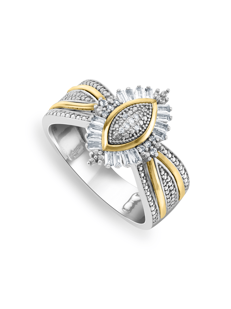Yellow Gold & Sterling Silver Created Sapphire & Diamond Women's Marquis Baguette Ring