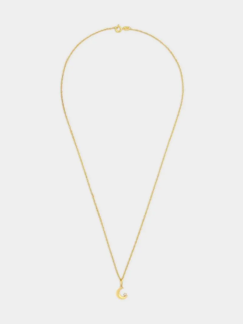 Yellow Gold Moon and Cubic Ziconia Star Pendant on a Chain