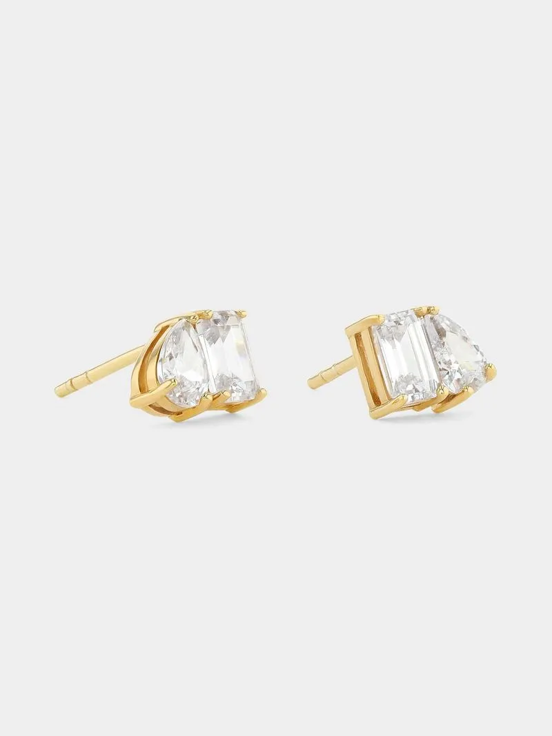 Gold Plated Sterling Silver Cubic Zirconia Two-Stone Stud Earrings