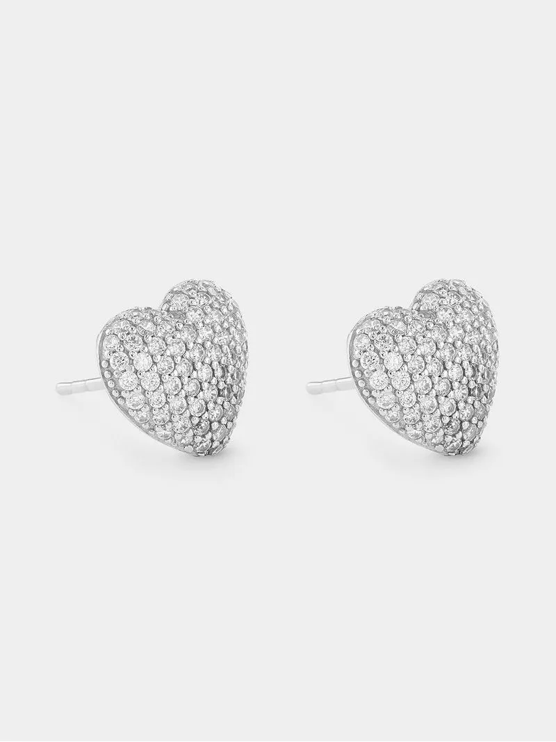 Sterling Silver Cubic Zirconia Pavé Puff Heart Stud Earrings
