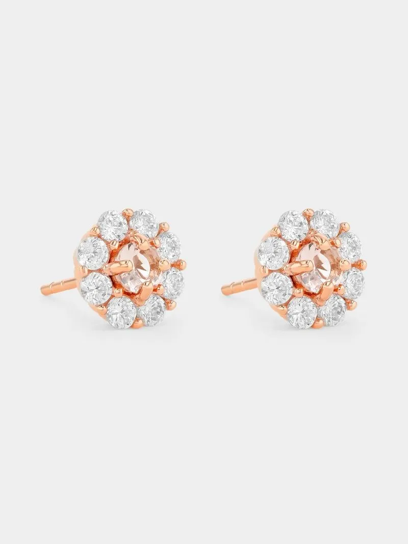 Rose Gold Plated Sterling Silver Morganite Cubic Zirconia Cluster Stud Earrings