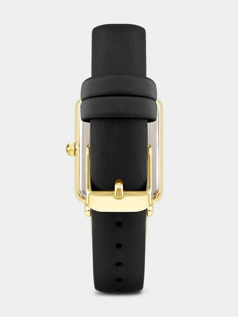 Anne Klein Gold Plated & Synthetic Black Leather Rectangular Watch