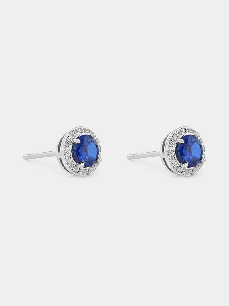 Sterling Silver Diamond & Created Sapphire Round Halo Studs