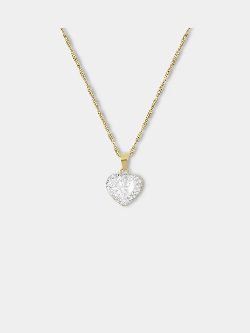 Yellow Gold & Sterling Silver, Cubic Zirconia Crystal Heart Pendant on a Chain