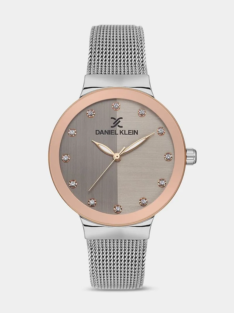 Daniel Klein Rose Plated Grey Dial Stainless Steel Mesh Watch