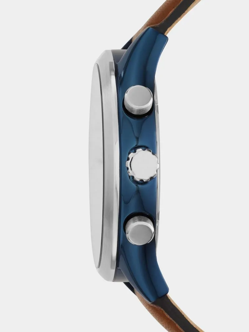 Fossil Fenmore Silver & Blue Plated Brown Leather Watch