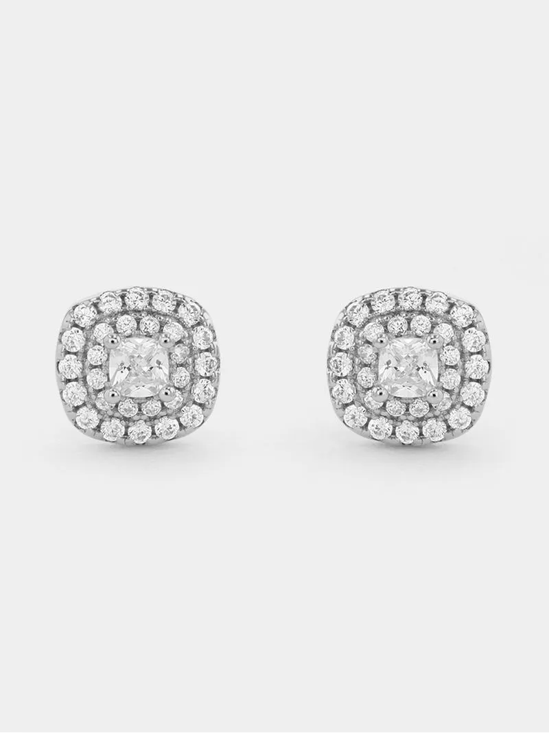 Sterling Silver Cubic Zirconia Double Halo Cushion Stud Earrings