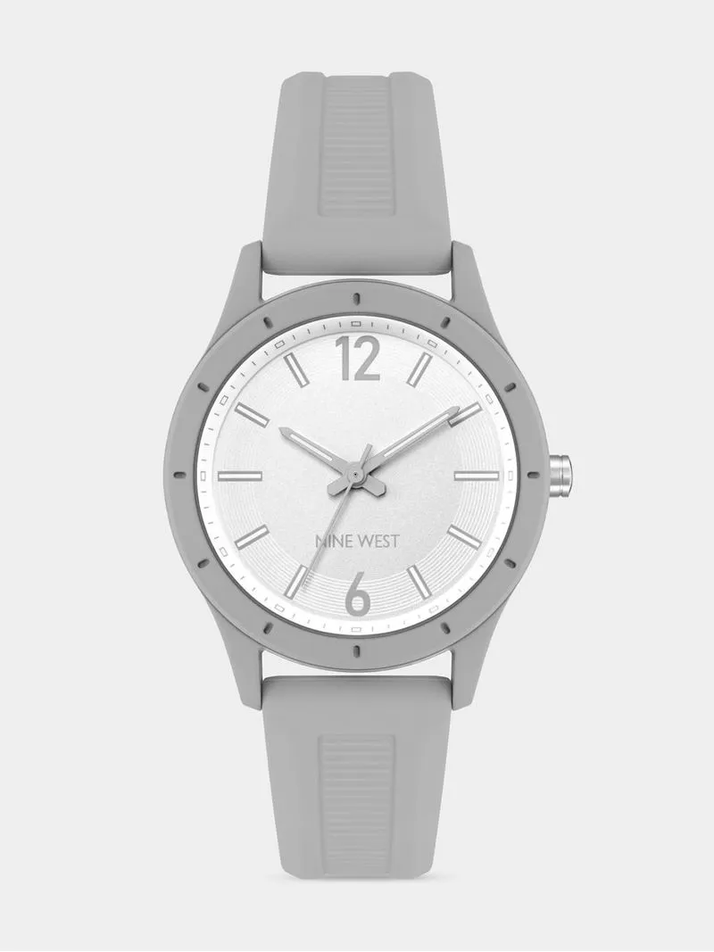 Nine West Women's Silver Dial & Grey Round Silicone Watch