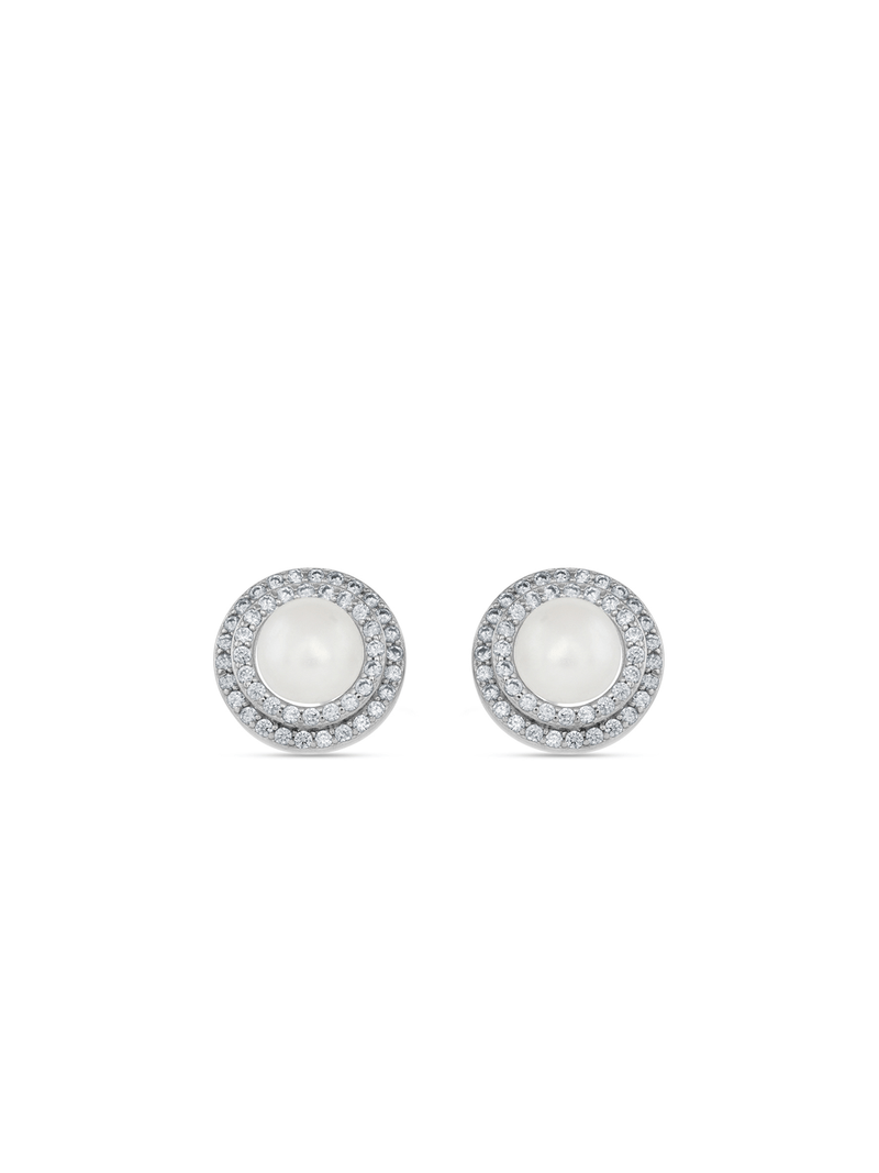 Sterling Silver Freshwater Pearl Double Halo Women’s Stud Earrings