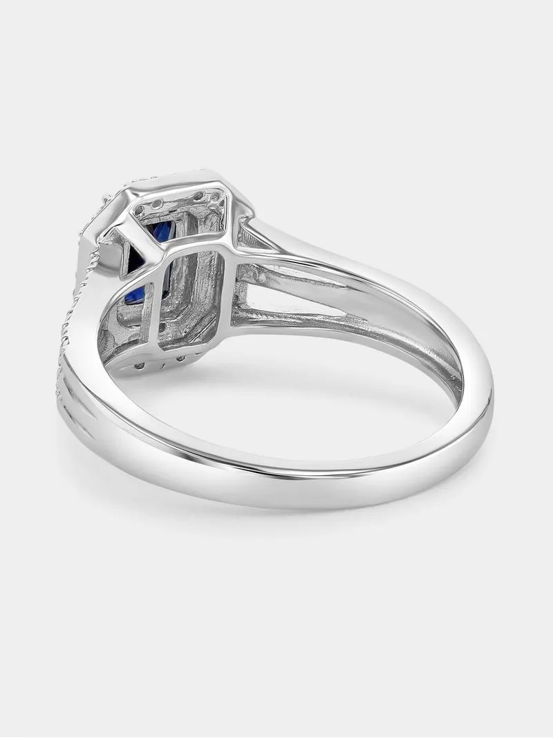 Sterling Silver Diamond & Created Blue Sapphire Rectangle Halo Ring