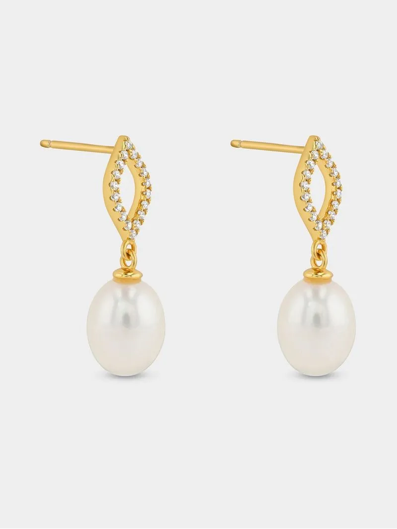 Gold Plated Sterling Silver Freshwater Pearl Open Marquise Drop Earrings