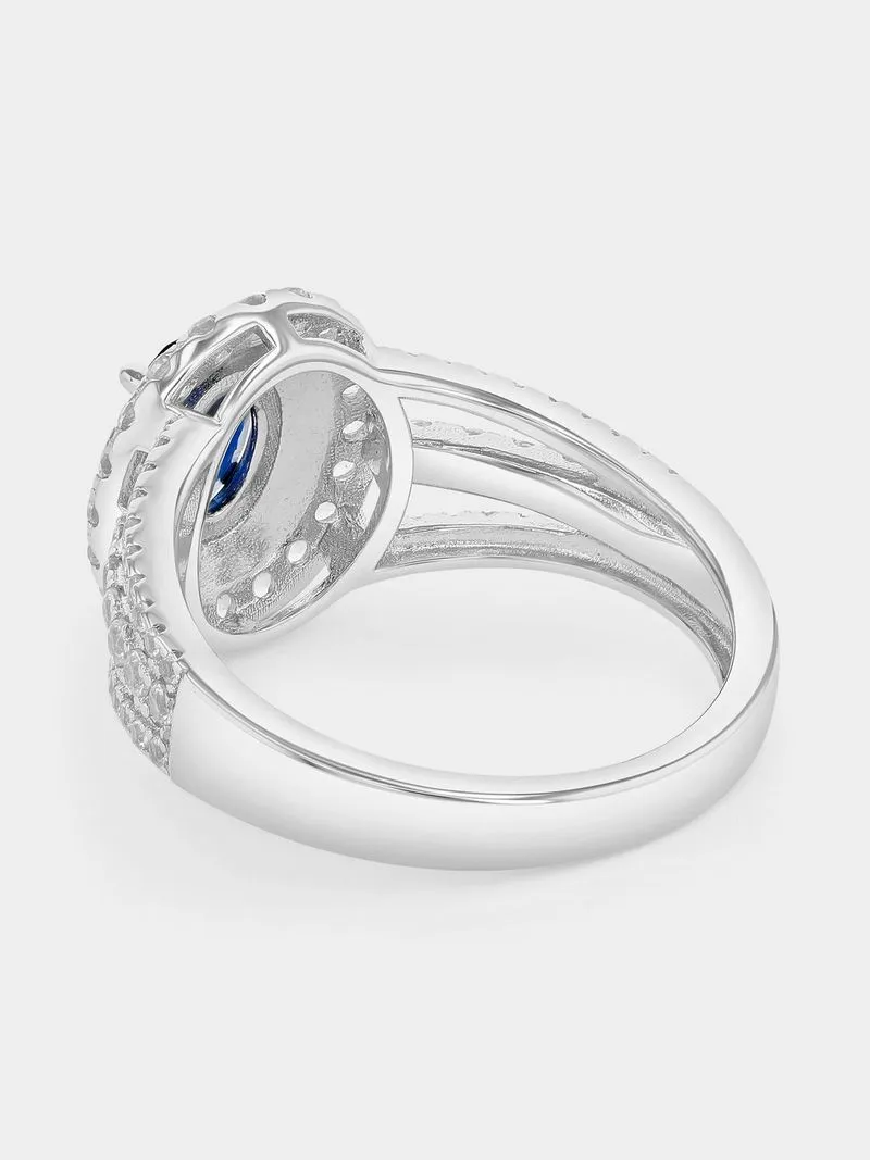 Sterling Silver Diamond & Created Sapphire & Blue Spinel Oval Halo Ring