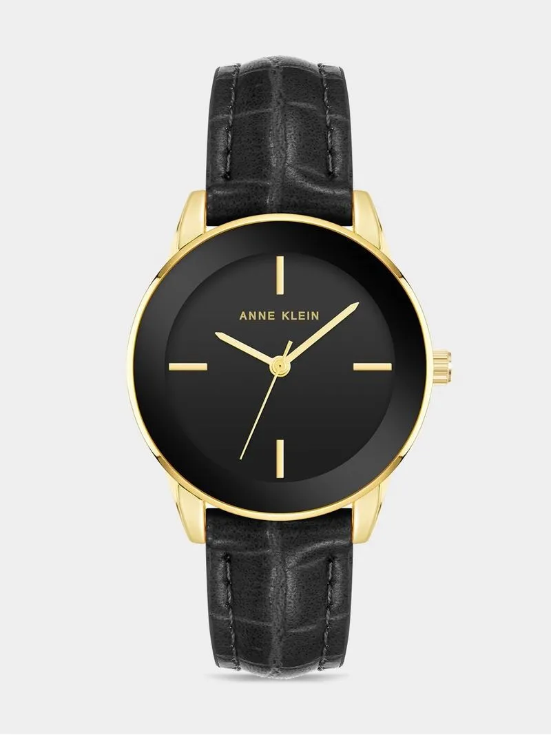 Anne Klein Gold Plated & Vegan Black Leather Watch