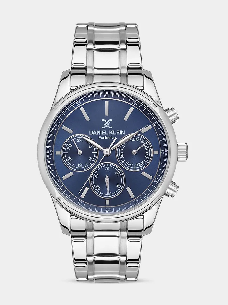 Daniel Klein Silver Plated Blue Dial Chronographic Stainless Steel Bracelet Watch