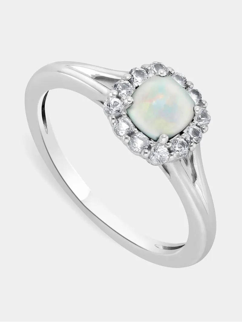 Sterling Silver Diamond & Created Opal Women’s Cushion Halo Ring