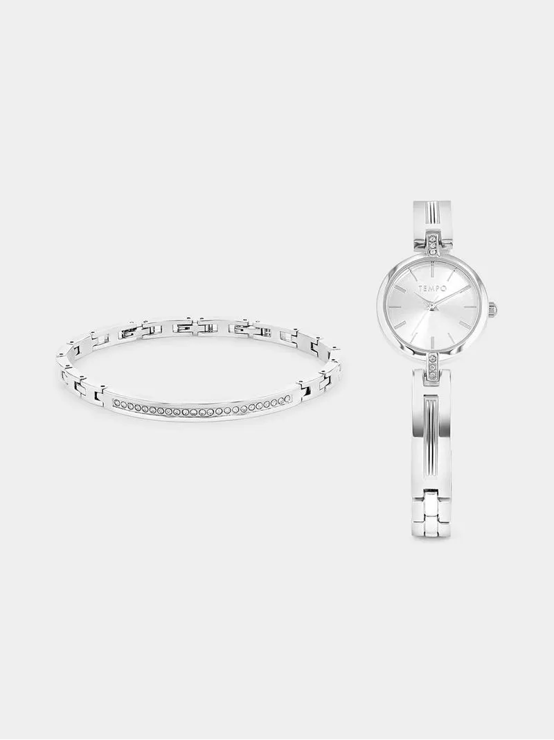 Tempo Women’s Silver Plated Round Bracelet Watch & Bracelet Set