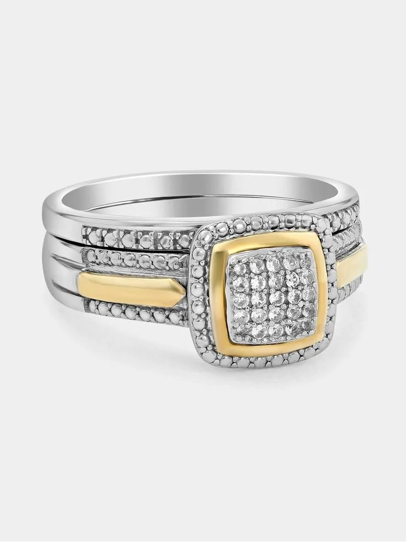 Yellow Gold & Sterling Silver Diamond & Created Sapphire Cushion Halo Twinset Ring