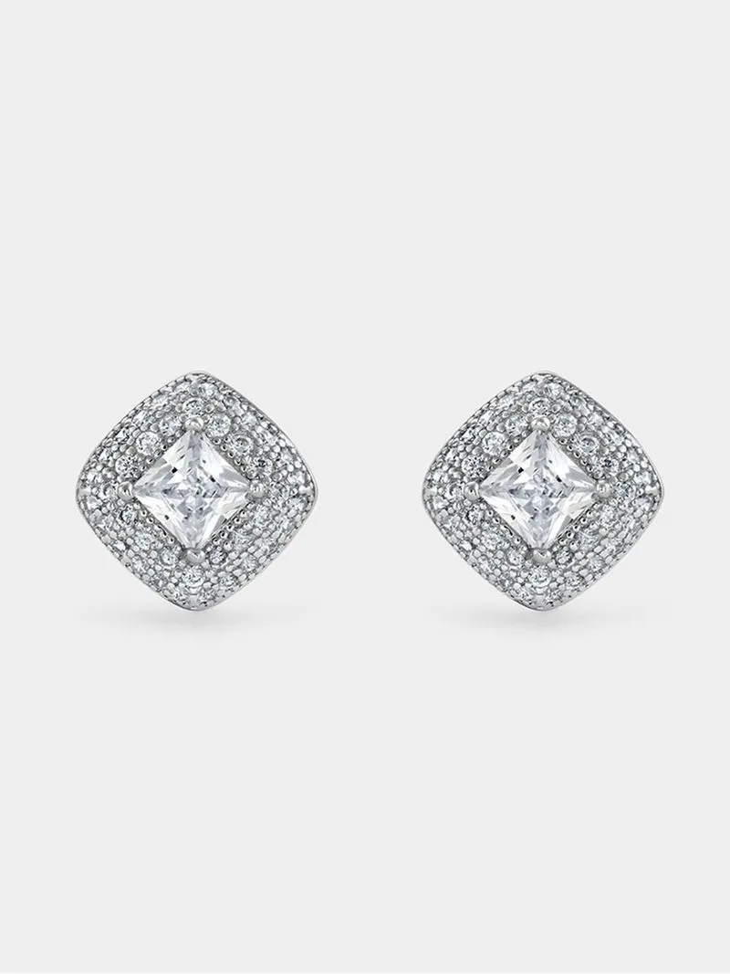 Sterling Silver Cubic Zirconia Cushion Double Halo Stud Earrings