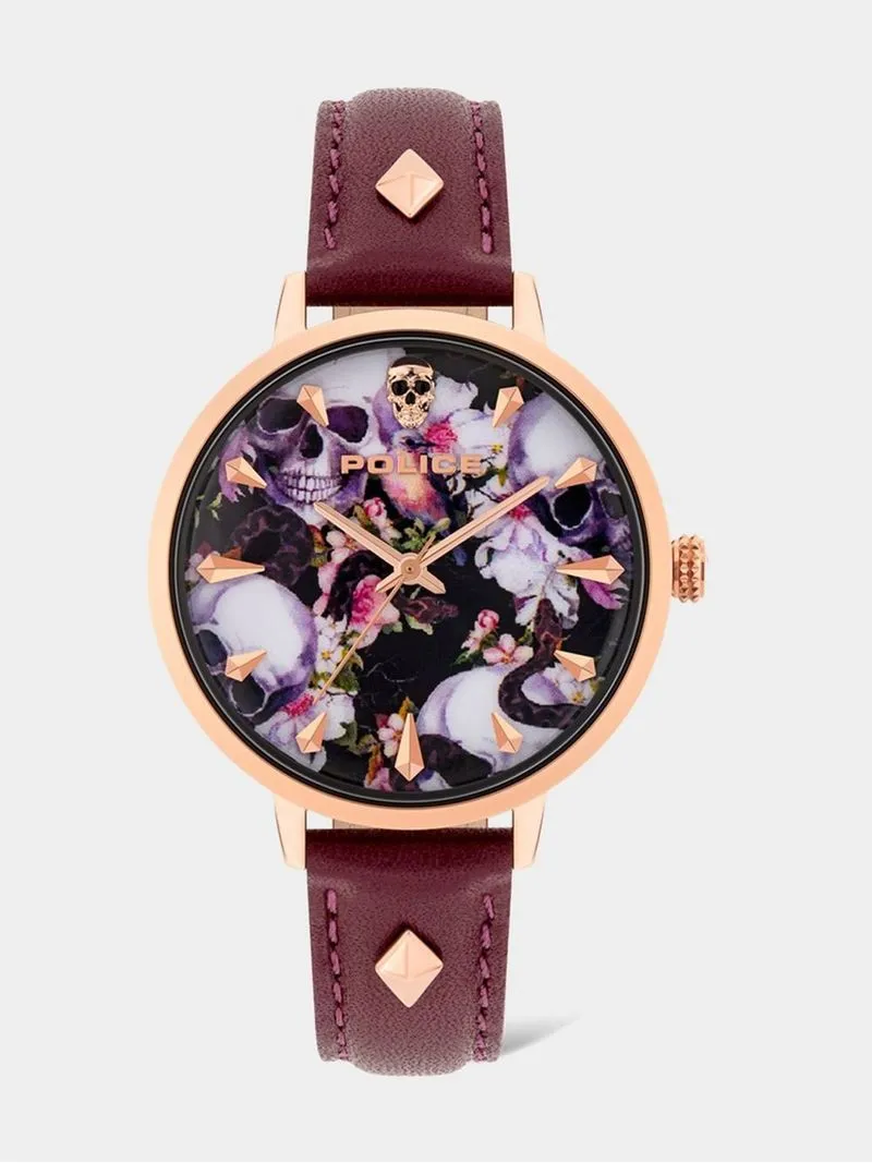 Police Miona Floral Gold Plated & Maroon Leather Watch