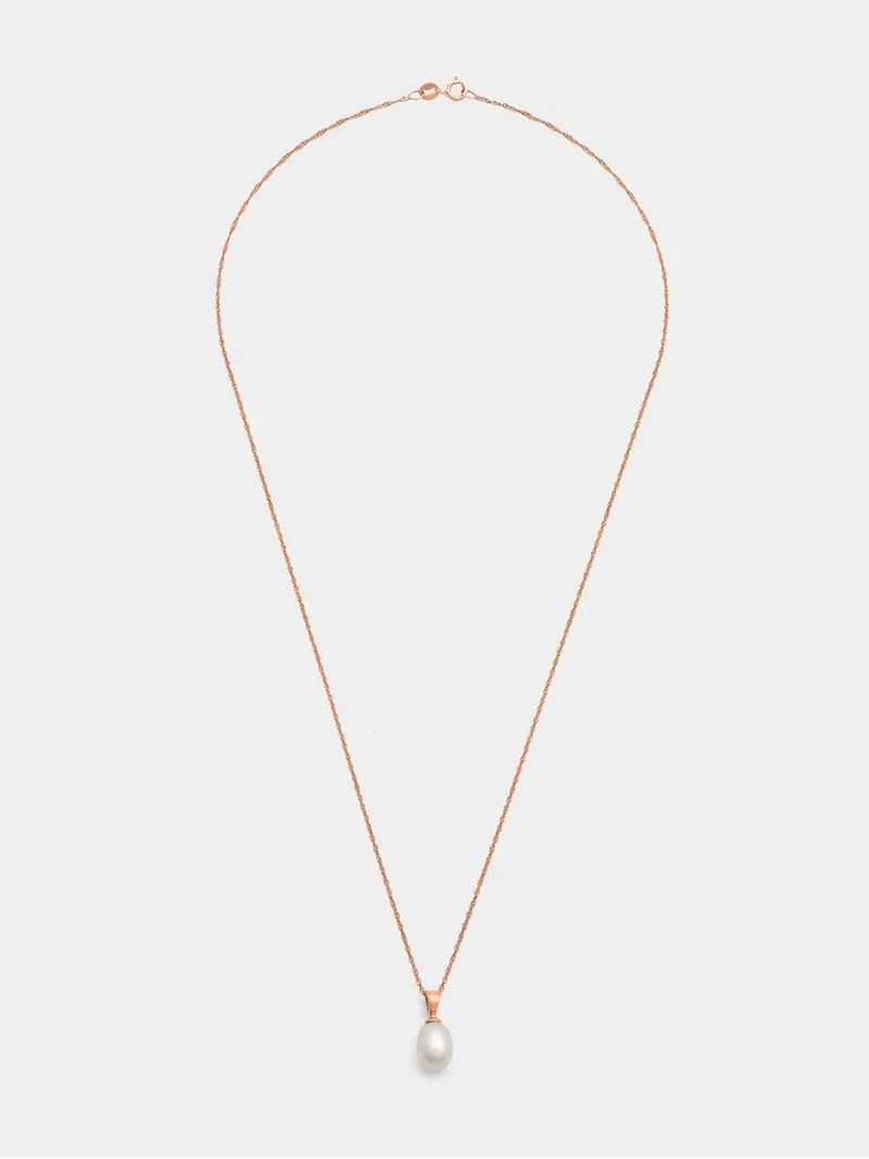 Rose Gold, Pink Oval 7mm Fresh Water Pearl Pendant on a 45cm Chain