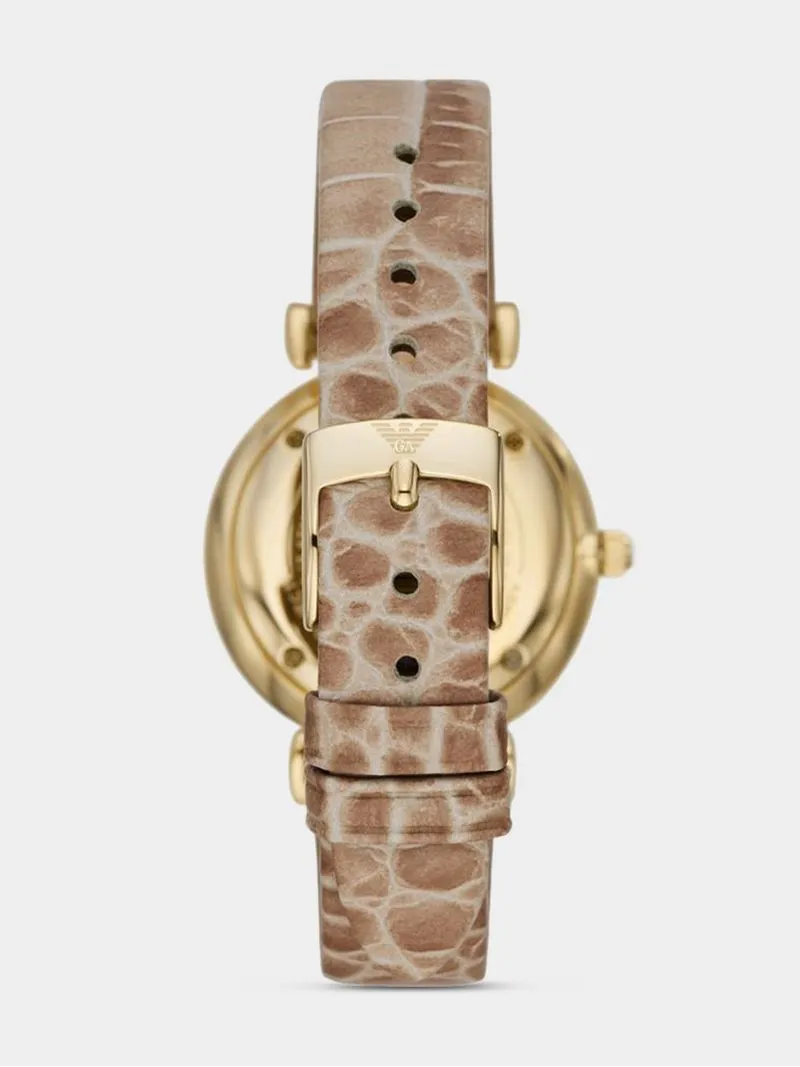 Emporio Armani Women's Gold Plated Stainless Steel Silver Dial & Taupe Leather Watch